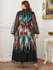 Women Plus Size Lantern Sleeve Colorful Sequin Mesh Overlay Dress