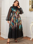Women Plus Size Lantern Sleeve Colorful Sequin Mesh Overlay Dress