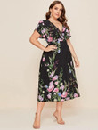 Women Plus Size Plunging Neck Petal Sleeve Floral Dress
