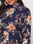 Women Plus Size Floral Print Frill Trim Flounce Sleeve Belted Dress