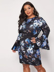 Women Plus Size Floral Print Flounce Sleeve Fitted Dress