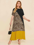 Women Plus Size Drop Shoulder Leopard Panel Colorblock Dress