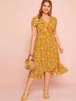 Women Plus Size Ruffle Trim Wrap Knotted Ditsy Floral Dress