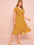 Women Plus Size Ruffle Trim Wrap Knotted Ditsy Floral Dress