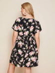 Women Plus Size Surplice Neck Allover Floral A-line Dress