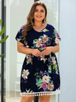 Women Plus Size Floral Print Tassel Hem Belted Dress