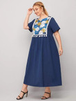 Women Plus Size Floral Print Tassel Detail Smock Dress