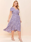 Women Plus Size Ditsy Floral Ruffle Wrap Belted Dress