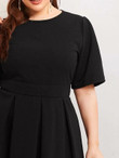 Women Plus Size Textured Sleeve Boxy Pleated Front Solid Dress