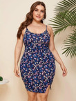 Women Plus Size Allover Floral Print Split Hem Bodycon Dress