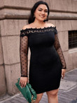 Women Plus Size Dobby Mesh Sleeve Lace Detail Bardot Dress