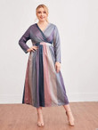 Women Plus Size Surplice Neck Colorblock Glitter Dress