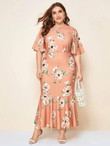 Women Plus Size Floral Print Flutter Sleeve Fishtail Hem Dress