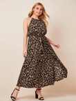 Women Plus Size Tie Back Split Hem Leopard Maxi Dress