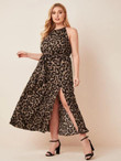 Women Plus Size Tie Back Split Hem Leopard Maxi Dress
