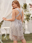 Women Plus Size Plunging Neck Tie Back Embroidery Mesh Bodice Dress
