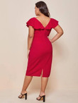 Women Plus Size Ruffle Trim V-neck Ruched Fitted Dress