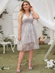 Women Plus Size Plunging Neck Tie Back Embroidery Mesh Bodice Dress