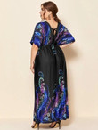 Women Plus Size Batwing Sleeve Tribal Print A-line Dress