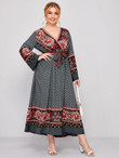 Women Plus Size Floral And Tribal Print Surplice Neck Belted Dress
