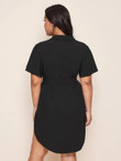 Women Plus Size Laser Cut Scallop Hem Button Front Belted Dress