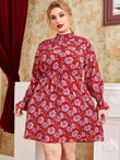 Women Plus Size Floral Print Shirred Cuff Knot Waist Dress