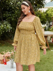 Women Plus Size Ditsy Floral Print Shirred Bodice Flounce Sleeve Dress