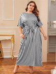 Women Plus Size Dolman Sleeve Self Belted Striped Maxi Dress