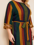 Women Plus Size Tassel Cuff Striped Belted Maxi Dress