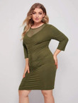 Women Plus Size Contrast Mesh Ruched Fitted Dress