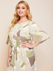 Women Plus Size Flutter Sleeve Geo Print Belted Dress