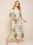 Women Plus Size Flutter Sleeve Geo Print Belted Dress