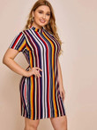 Women Plus Size Mock-neck Striped Dress