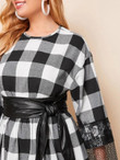 Women Plus Size Lace Trim Drop Shoulder Buffalo Plaid Dress With PU Leather Belt