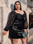 Women Plus Size Tie Neck Polka Dot Flocked Organza Sleeve Satin Dress