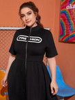 Women Plus Size Mock Neck Letter Graphic Zipper Front Flare Dress