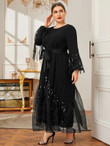 Women Plus Size Sequin Fringe Organza Belted Dress