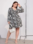 Women Plus Size Surplice Neck Floral Print Lantern Sleeve Shirred Waist Dress