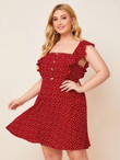 Women Plus Size Buttoned Front Ruffle Trim Heart Print Dress