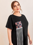 Women Plus Size Tribal Patched Fringe Tee Dress