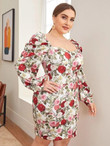 Women Plus Size Sweetheart Neck Lantern Sleeve Floral Dress
