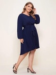 Women Plus Size Solid Belted Button Detail Dress