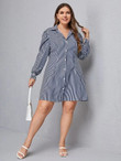 Women Plus Vertical Stripe Shirred Cuff Shirt Dress