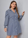 Women Plus Vertical Stripe Shirred Cuff Shirt Dress