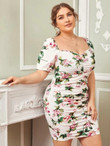 Women Plus Size Sweetheart Neck Ruched Floral Dress
