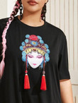 Women Plus Size Peking Opera Figure Print Fringe Detail Tee Dress