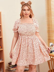 Women Plus Size Puff Sleeve Frill Trim Shirred Detail Confetti Heart Print Dress