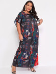 Women Plus Size Color Block Batwing Sleeve Tunic Dress