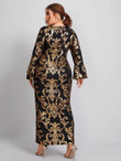 Women Plus Size Flounce Sleeve Baroque Print Fitted Dress
