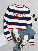 Women Letter Graphic Striped Sweater